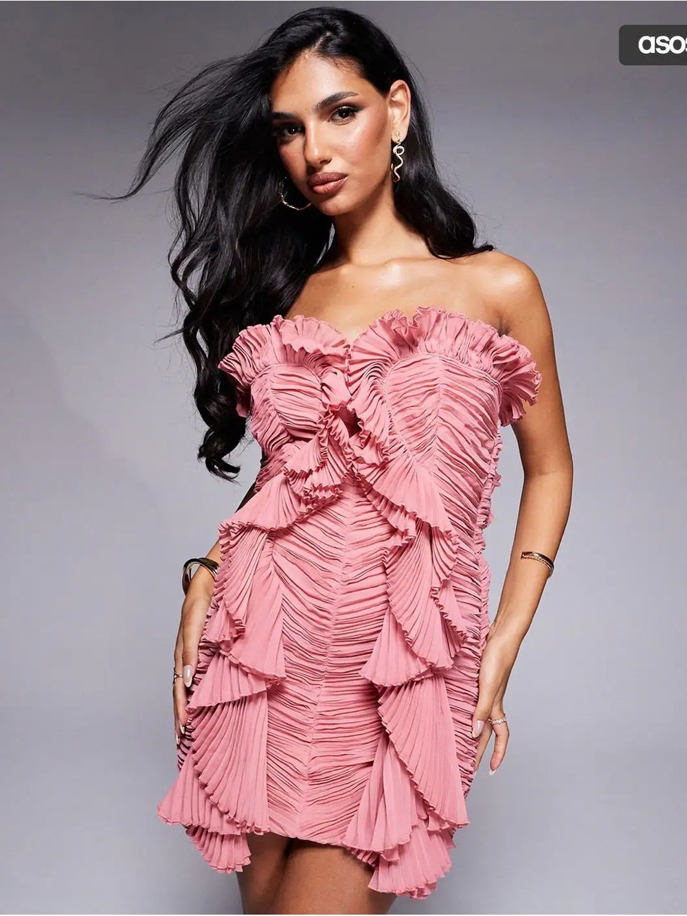 NWT! ASOS DESIGN Luxe Strapless Rose Pink Ruffle Pleated Mini Party Formal Dress